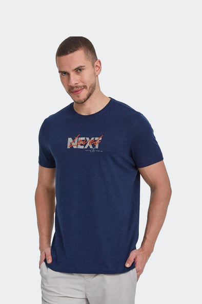 Half Sleeve Neẍt Printed T Shirt-Navy Blue