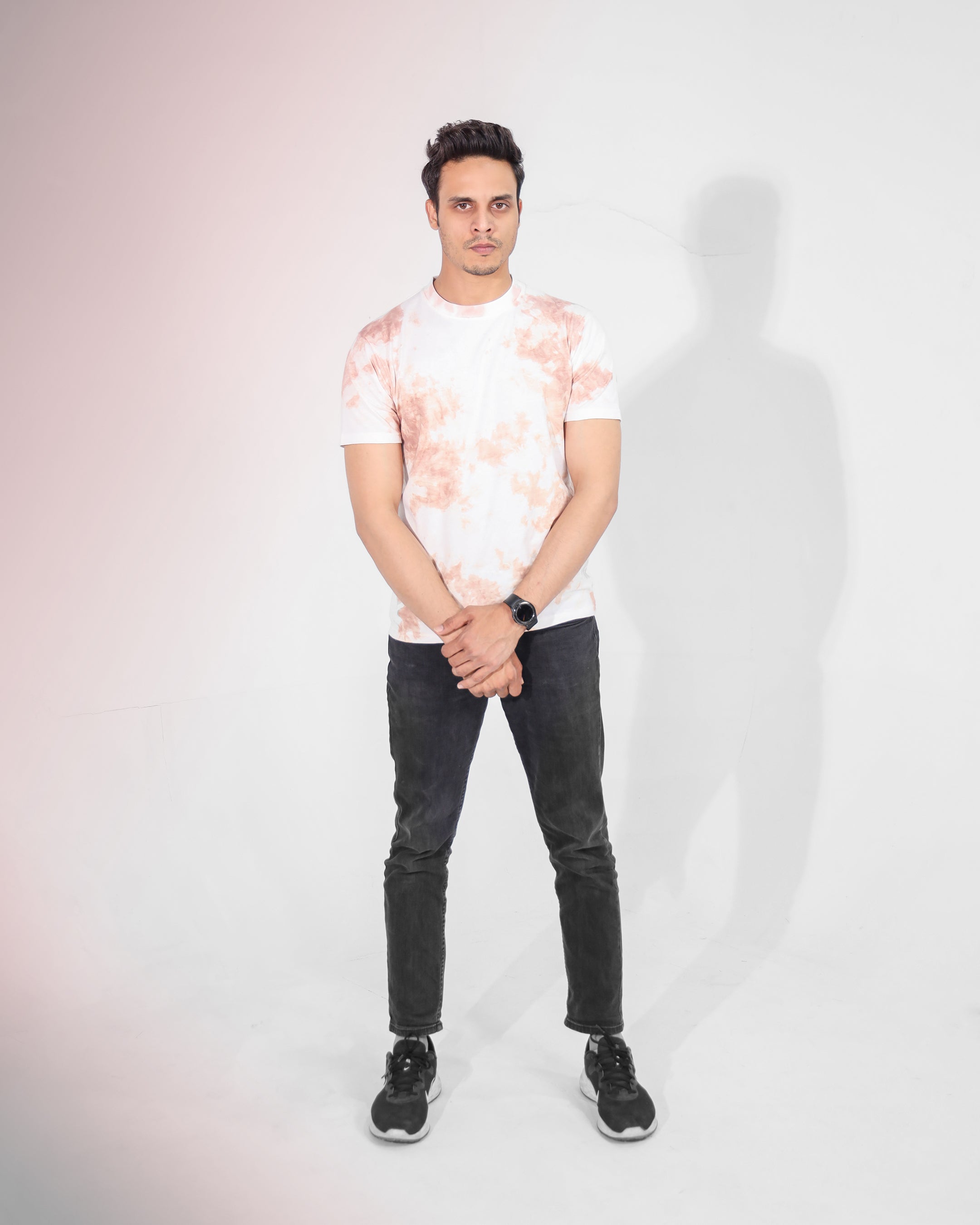 Tie And Dye Short Sleeve Crew Neck T-shirt-Beige