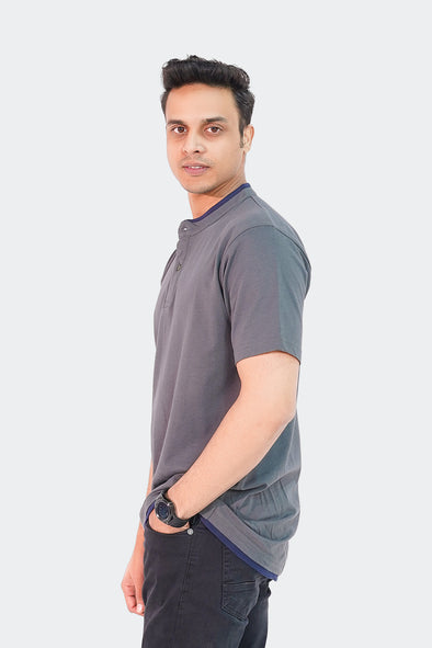 Ban Collar Short Sleeve Polo Shirt- Grey