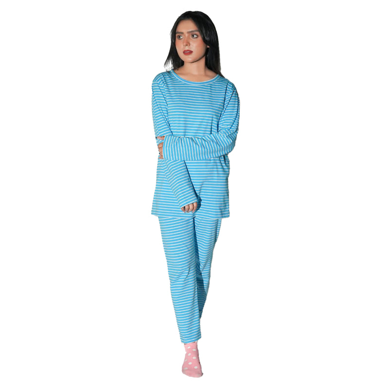 Ice Blue-White Stripe Waffle Long Sleeve Nightwear