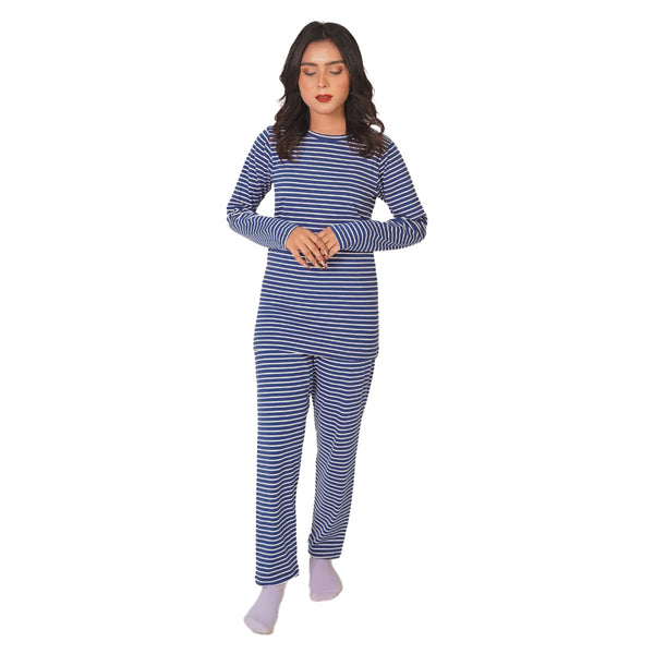 Blue-White Stripe Waffle Long Sleeve Nightwear