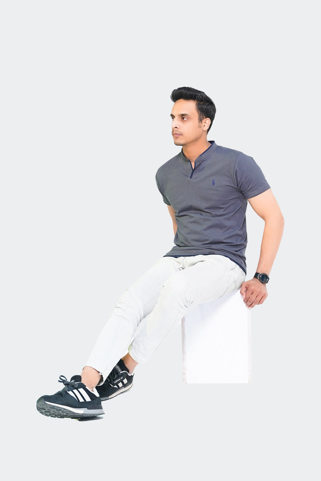 Ban Collar Short Sleeve Polo Shirt-H-Grey