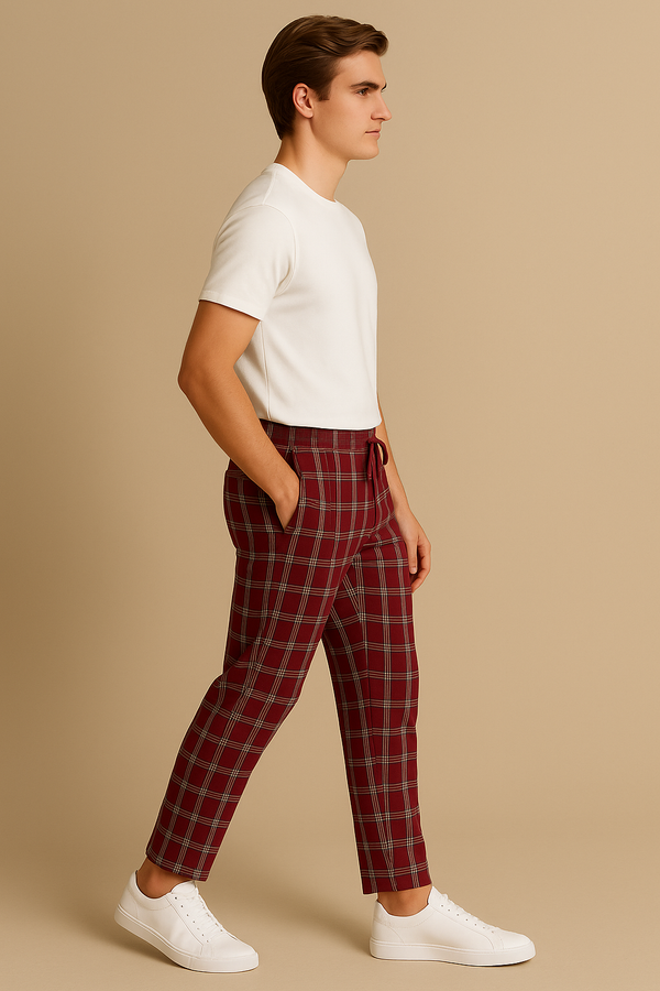Men's Cotton Check Trouser- Maroon