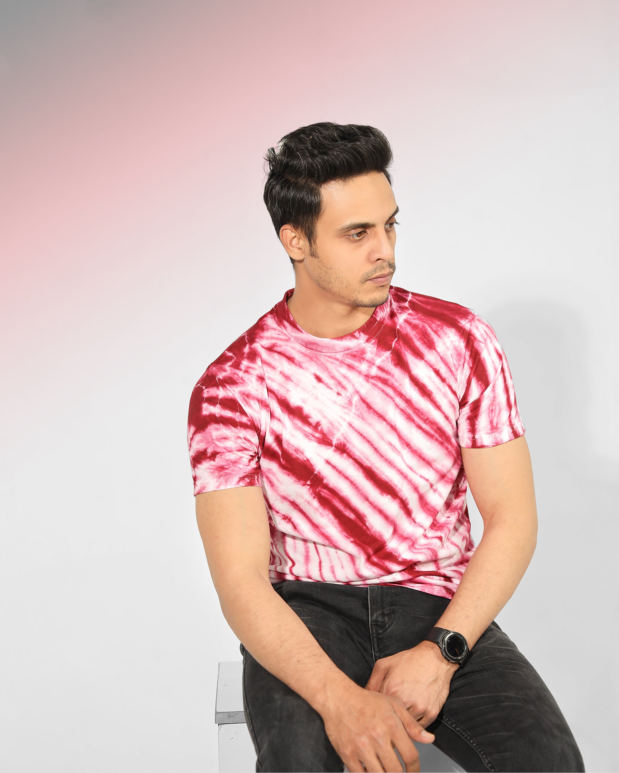 Tie And Dye Short Sleeve Crew Neck T-shirt- Red