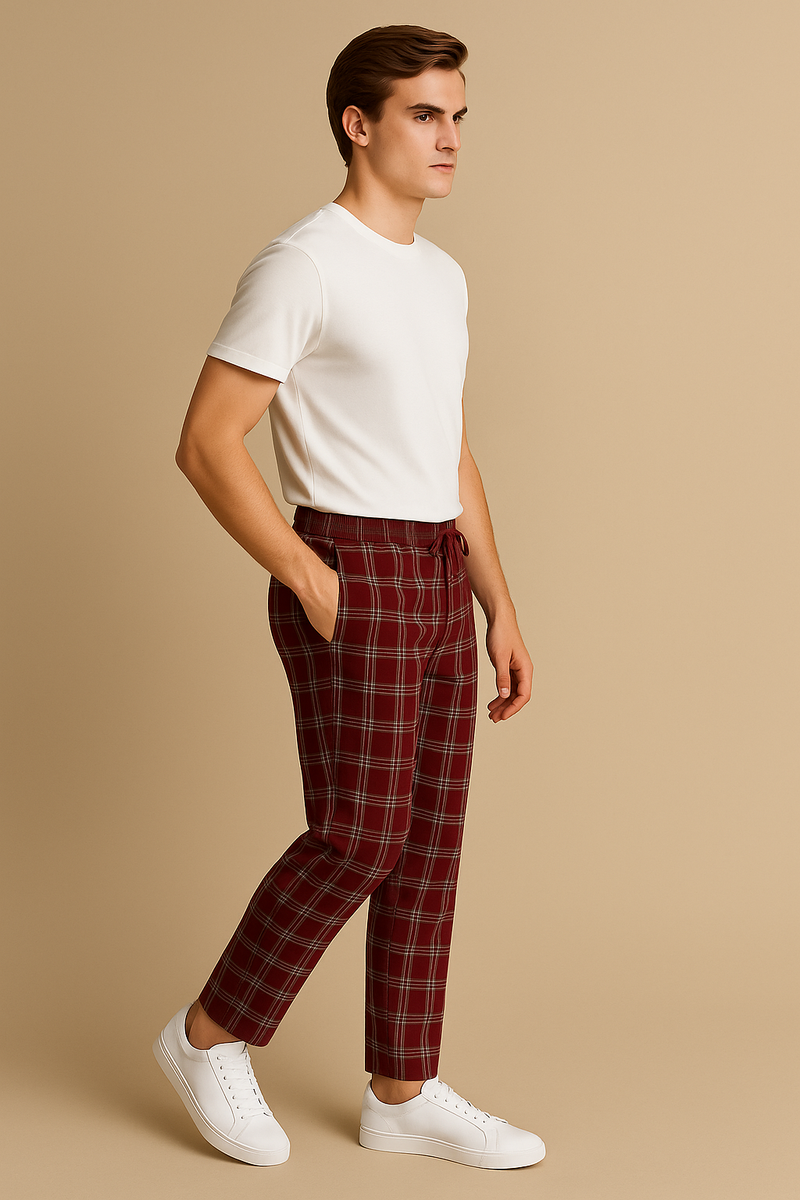 Men's Cotton Check Trouser- Maroon