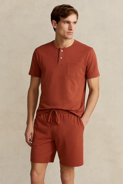 Men'S Short Sleeve Button Up Top With Pocket And Short- Orange