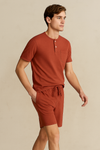 Men'S Short Sleeve Button Up Top With Pocket And Short- Orange