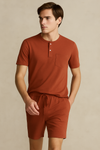Men'S Short Sleeve Button Up Top With Pocket And Short- Orange