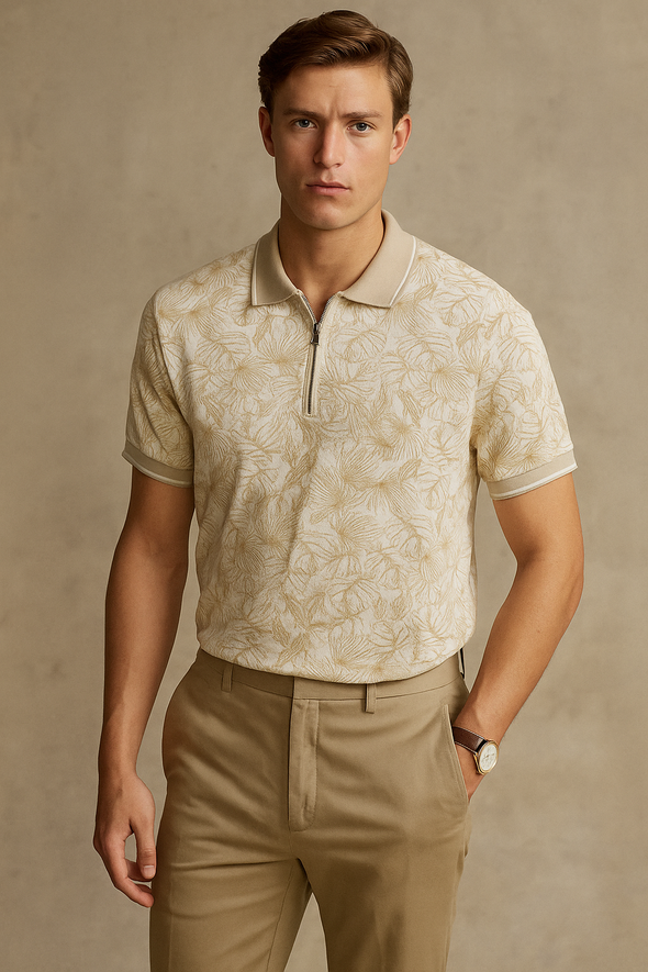 Ƭropical Printed Polo Shirt-Beige