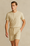 Men'S Short Sleeve Button Up Top With Pocket And Short- Light Beige