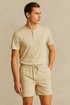 Men'S Short Sleeve Button Up Top With Pocket And Short- Light Beige
