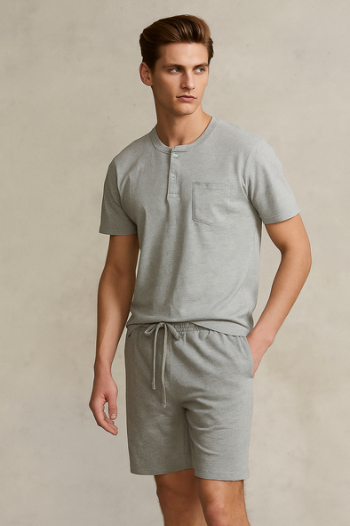 Men'S Short Sleeve Button Up Top With Pocket And Short- Light Grey