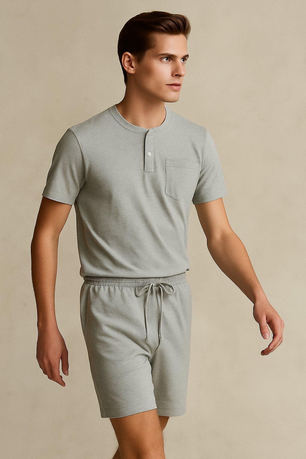 Men'S Short Sleeve Button Up Top With Pocket And Short- Light Grey