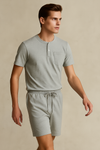 Men'S Short Sleeve Button Up Top With Pocket And Short- Light Grey