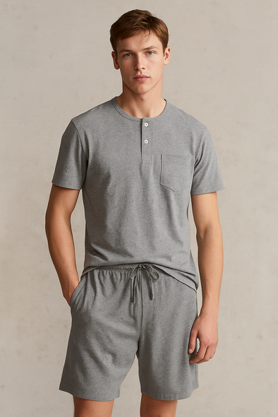 Men'S Short Sleeve Button Up Top With Pocket And Short- Dark Grey