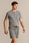 Men'S Short Sleeve Button Up Top With Pocket And Short- Dark Grey