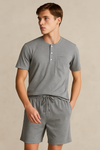 Men'S Short Sleeve Button Up Top With Pocket And Short- Dark Grey