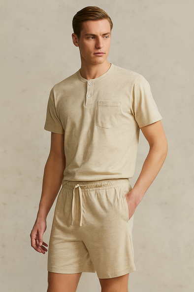 Men'S Short Sleeve Button Up Top With Pocket And Short- Light Beige