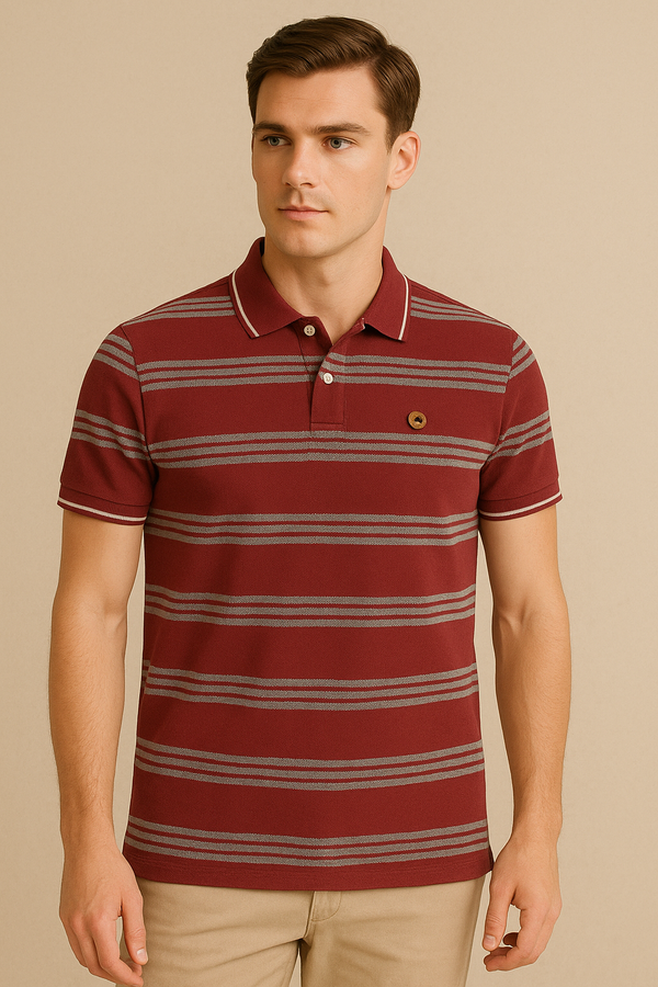 FAHRENHEIT Men Striped  Polo Shirt- Maroon-Grey