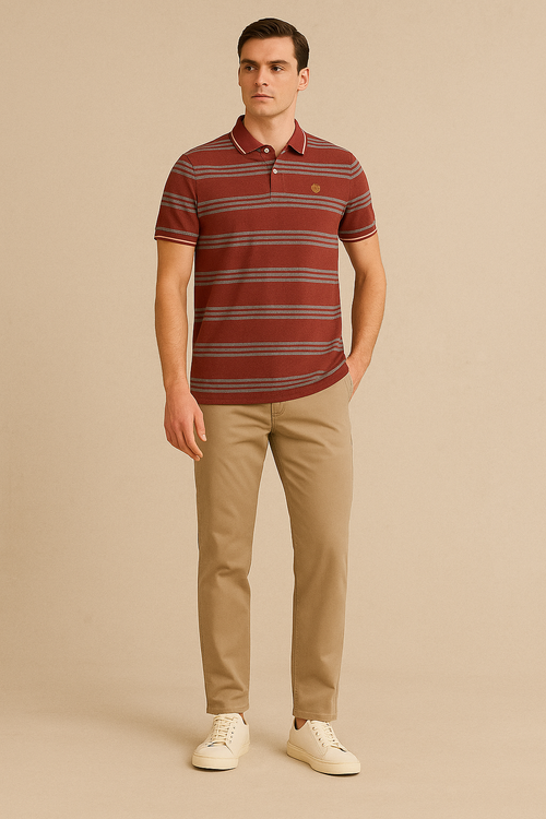 FAHRENHEIT Men Striped  Polo Shirt- Maroon-Grey