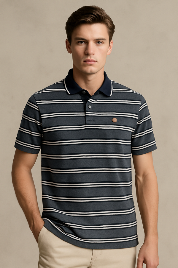 FAHRENHEIT Men Striped  Polo Shirt- Grey-White
