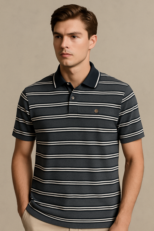 FAHRENHEIT Men Striped  Polo Shirt- Grey-White