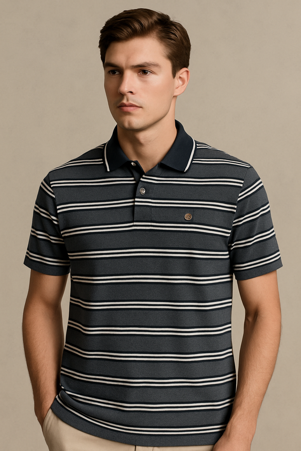 FAHRENHEIT Men Striped  Polo Shirt- Grey-White