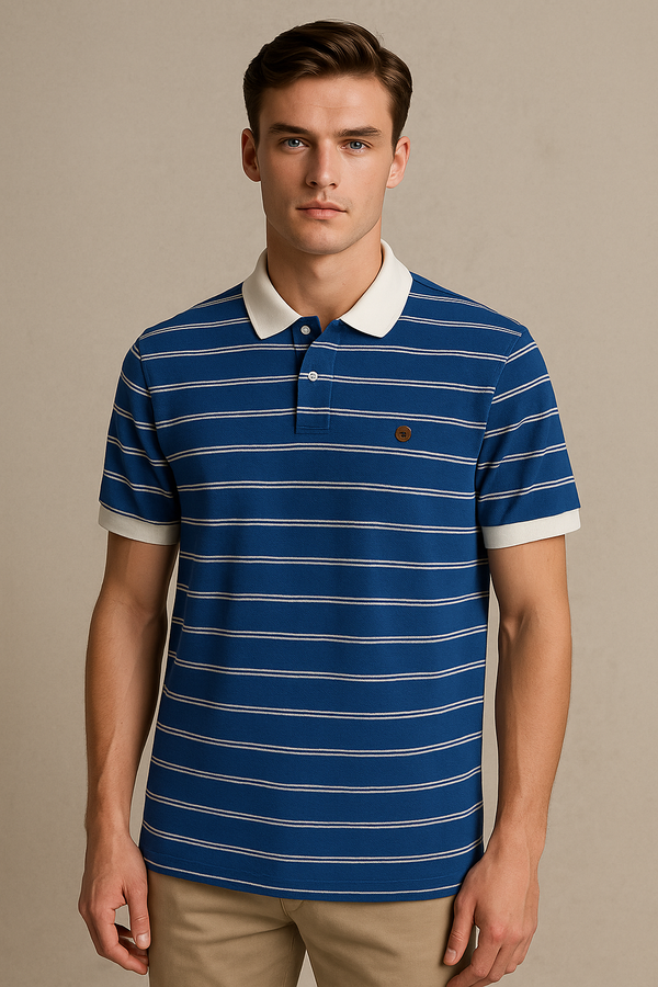 FAHRENHEIT Men Striped  Polo Shirt- Blue-White