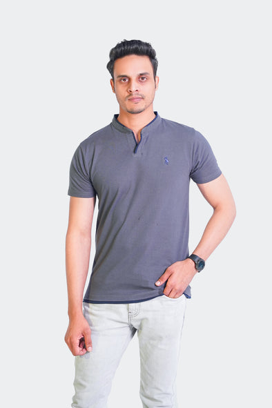 Ban Collar Short Sleeve Polo Shirt-H-Grey