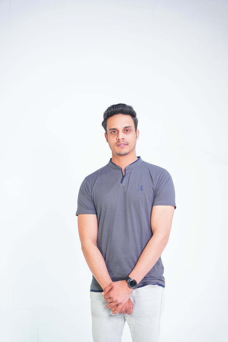Ban Collar Short Sleeve Polo Shirt-H-Grey