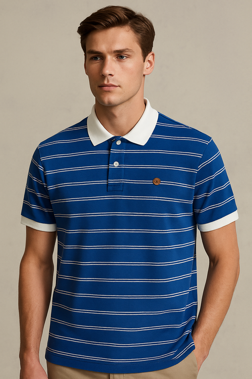 FAHRENHEIT Men Striped  Polo Shirt- Blue-White