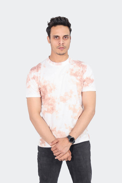 Tie And Dye Short Sleeve Crew Neck T-shirt-Beige
