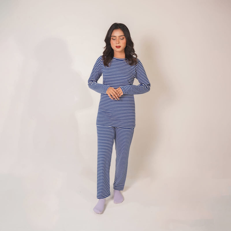 Blue-White Stripe Waffle Long Sleeve Nightwear