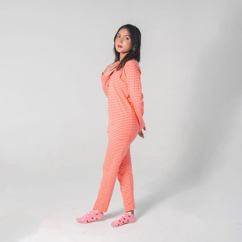 Pink-White Stripe Waffle Long Sleeve Nightwear