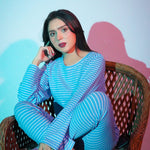 Ice Blue-White Stripe Waffle Long Sleeve Nightwear