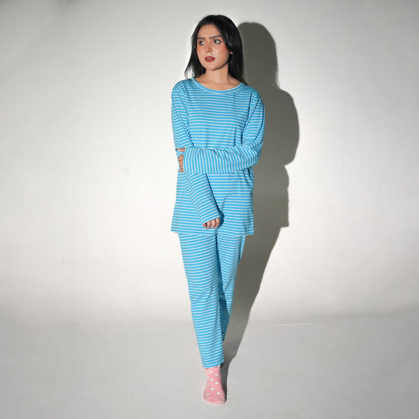 Ice Blue-White Stripe Waffle Long Sleeve Nightwear