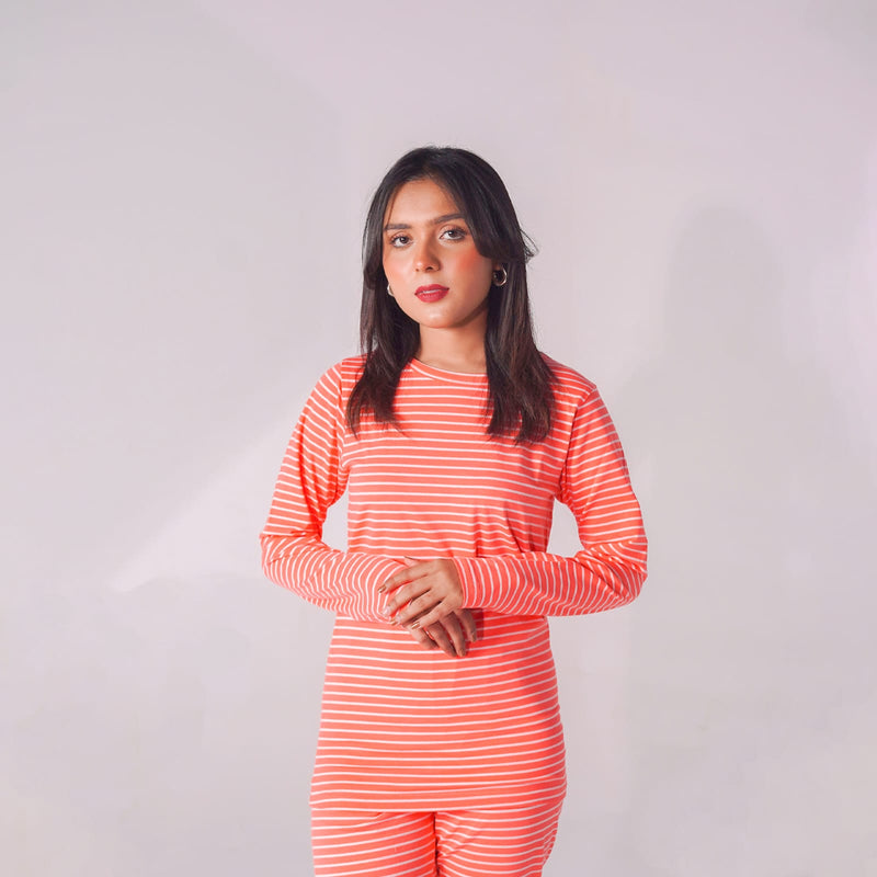 Pink-White Stripe Waffle Long Sleeve Nightwear